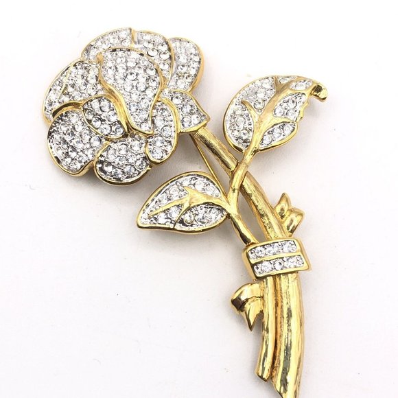 NOLAN MILLER Large Pave Rhinestone Rose Flower Gold Tone Pin Brooch 4" - Picture 5 of 10
